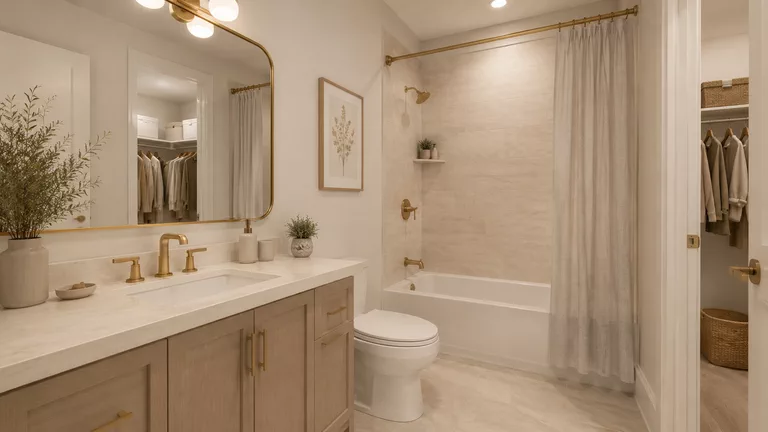 Segundo baño con lavabo sobre mueble de roble claro, espejo de marco dorado, bañera con ducha y cortina, e inodoro; al fondo a la derecha, el clóset del dormitorio.