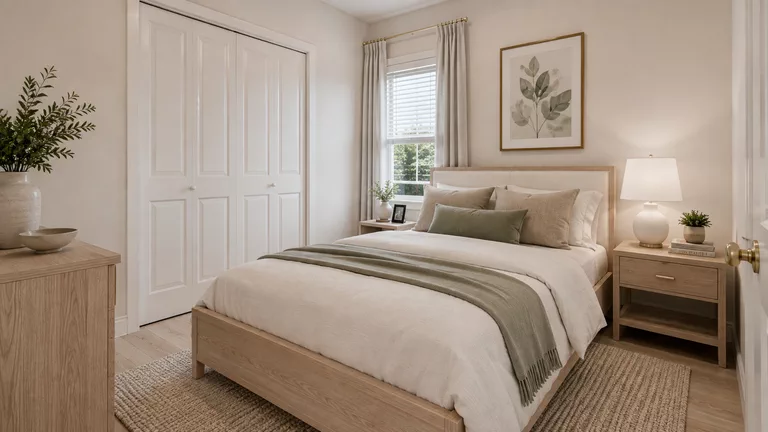 Segundo dormitorio con cama, ventana con persiana y cortinas, y clóset de puertas plegables.
