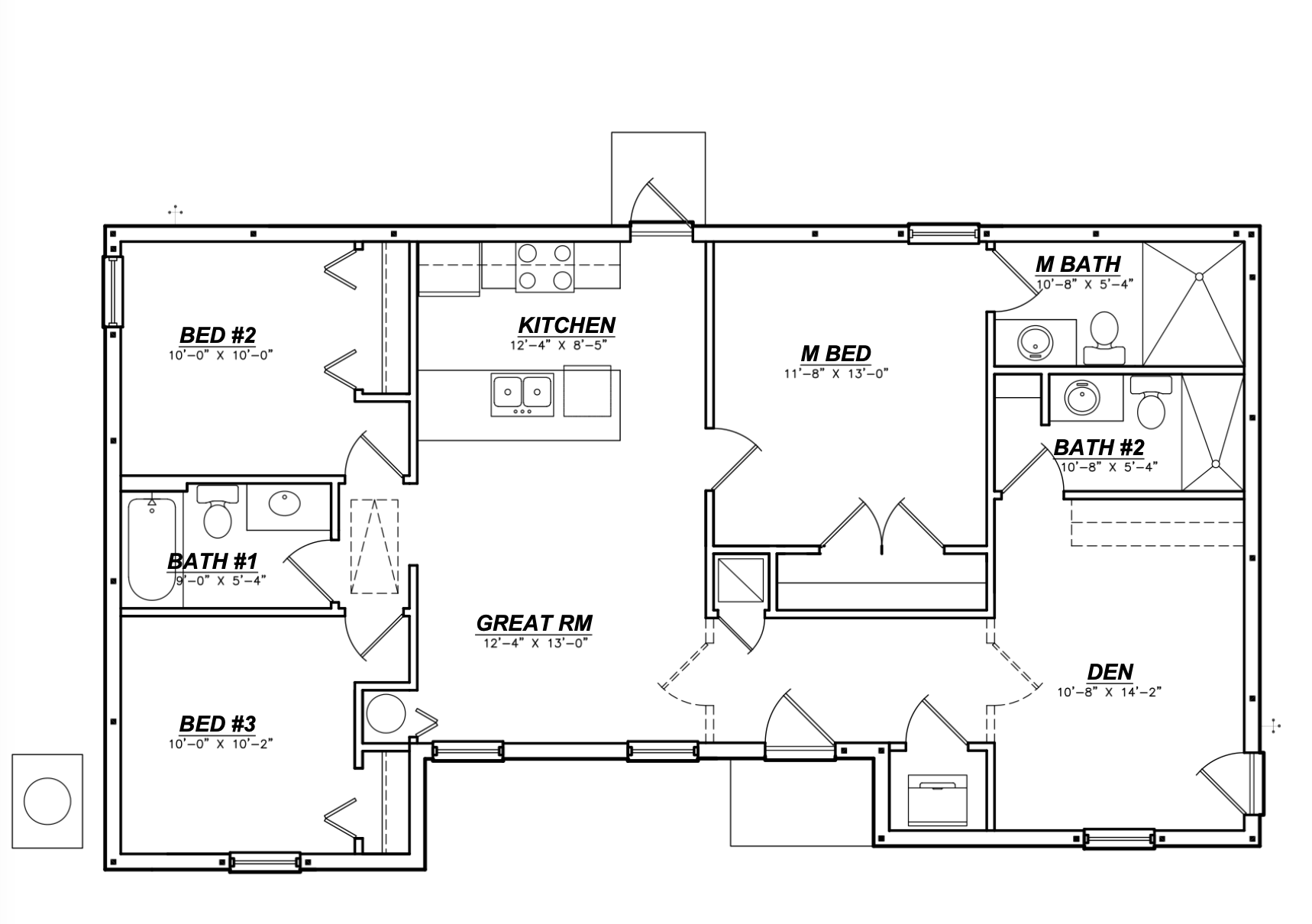 Planta de la Vivienda unifamiliar: great room de 12'4" x 13'0" en el centro, abierto a la cocina de 12'4" x 8'5". A un lado, dormitorio principal de 11'8" x 13'0" con baño propio de 10'8" x 5'4" y un segundo baño de las mismas medidas; al otro, dos dormitorios de 10'0" y un baño completo de 9'0" x 5'4". Al fondo, un den de 10'8" x 14'2". Una sola planta.