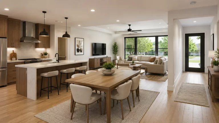 Salón familiar visto desde la cocina: mesa de comedor para seis, sofá en L al fondo frente a una ventana corrida al jardín, y el vestíbulo de entrada a la derecha con la puerta abierta a la calle.