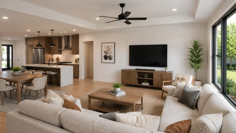 La sala desde el otro extremo: sofá en L, mesa baja de madera, mueble de televisión bajo la pantalla y, al fondo, la cocina con isla y el comedor.