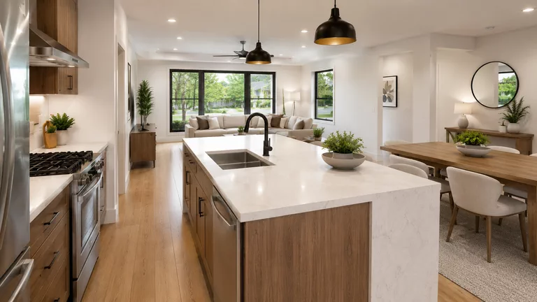 Cocina con isla de cuarzo blanco y fregadero integrado, alacenas de madera, campana y electrodomésticos de acero, abierta al comedor a la derecha y a la sala al fondo.