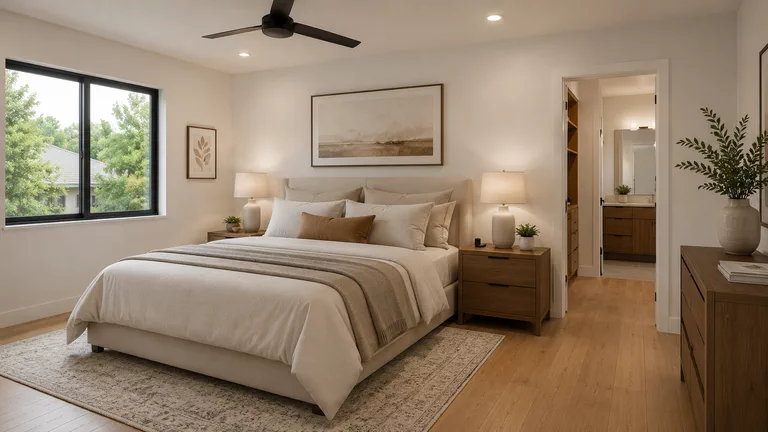 Dormitorio principal con cama king, ventana al jardín y, al fondo, la puerta abierta al vestidor y al baño propio.