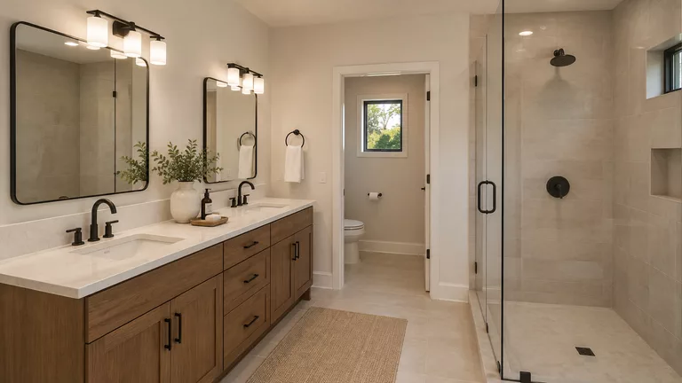 Baño principal con doble lavabo sobre mueble de madera, dos espejos, ducha de obra con mampara de vidrio y el inodoro en su propio compartimento con ventana.