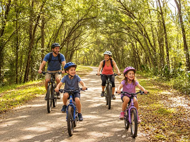 Una familia de cuatro pedaleando por un sendero pavimentado bajo un túnel de árboles, con hojas caídas en los bordes.